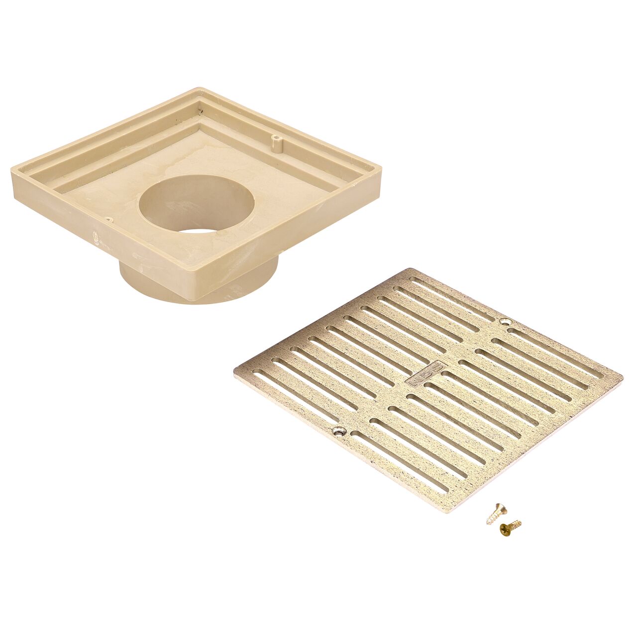 Unassembled view of the adapter and the NDS 6 in. Square Grate (NDS 920B)