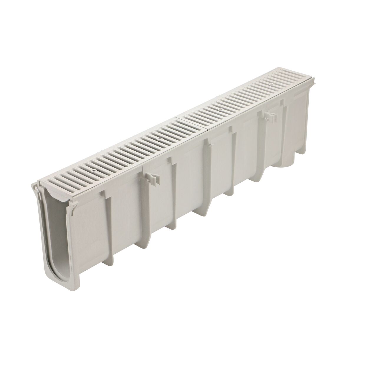 The NDS 11.72 in. to 12.06 in. Deep Dura Slope Channel Drain (NDS DS-114) with two Standard Dura Slope Light Gray Grates installed (NDS 661LG)