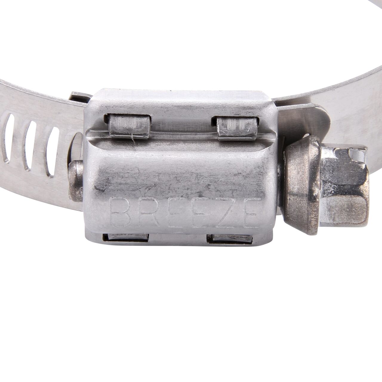 Closeup view of the two-piece clamp housing made of Series 300 Stainless Steel on the NDS SAE 28 Worm Drive Hose Clamp with Aero Seal 1/2 in. band width (NDS 64028H)