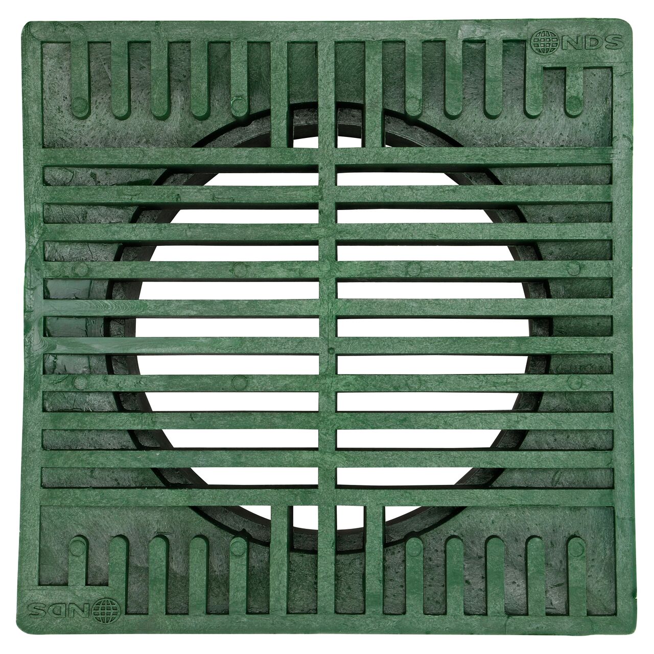 Top-down view of the NDS 8 in. Green Square Grate in Black Plastic (NDS 882)