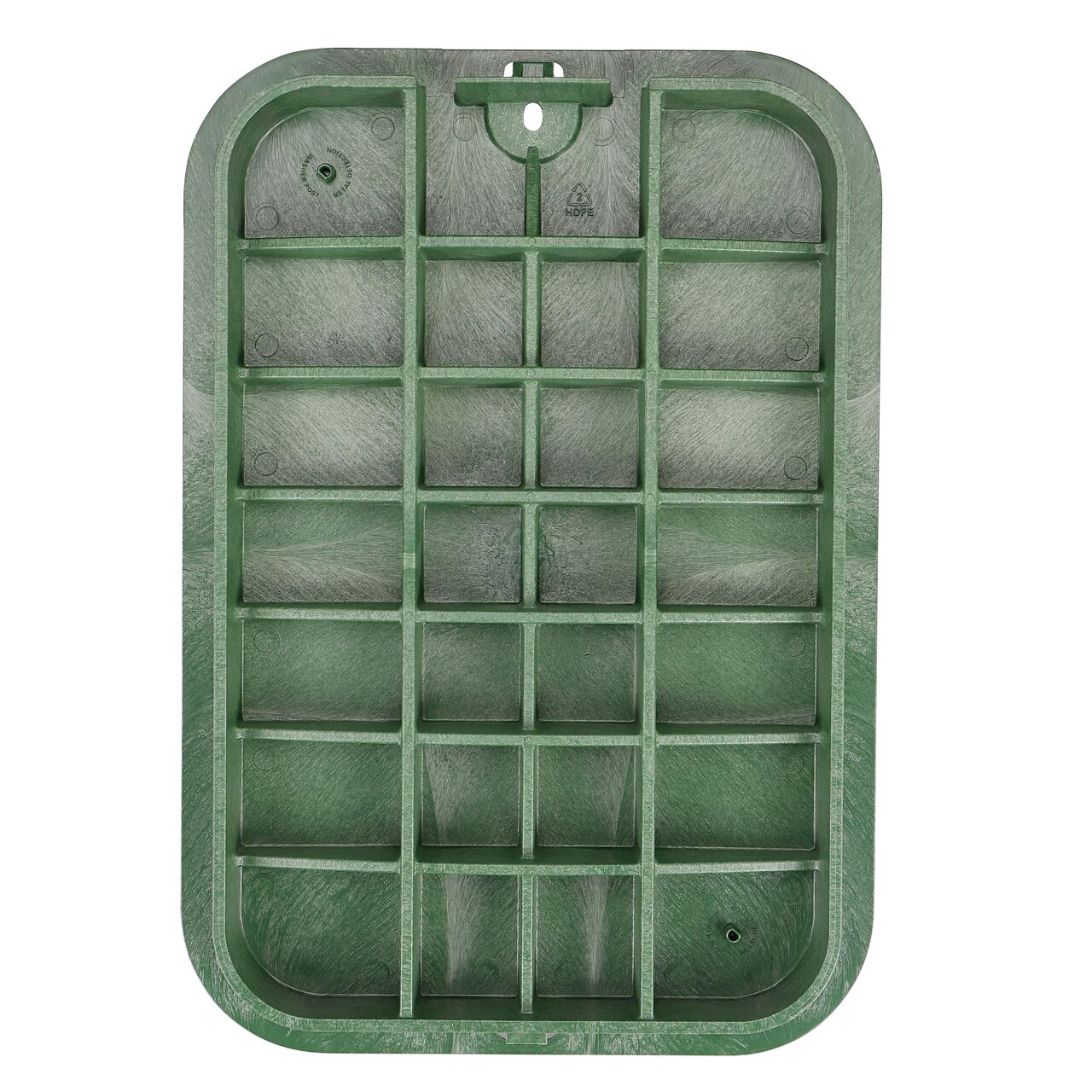 Top down view of the underside side of the Green Irrigation Control Valve cover (NDS 318BCB) for the NDS 13 in. X 20 in. Rectangular Pro-Spec® Series valve box, showing reinforcing ribs that are load rated to withstand pedestrian traffic and the rigors of lawn care equipment