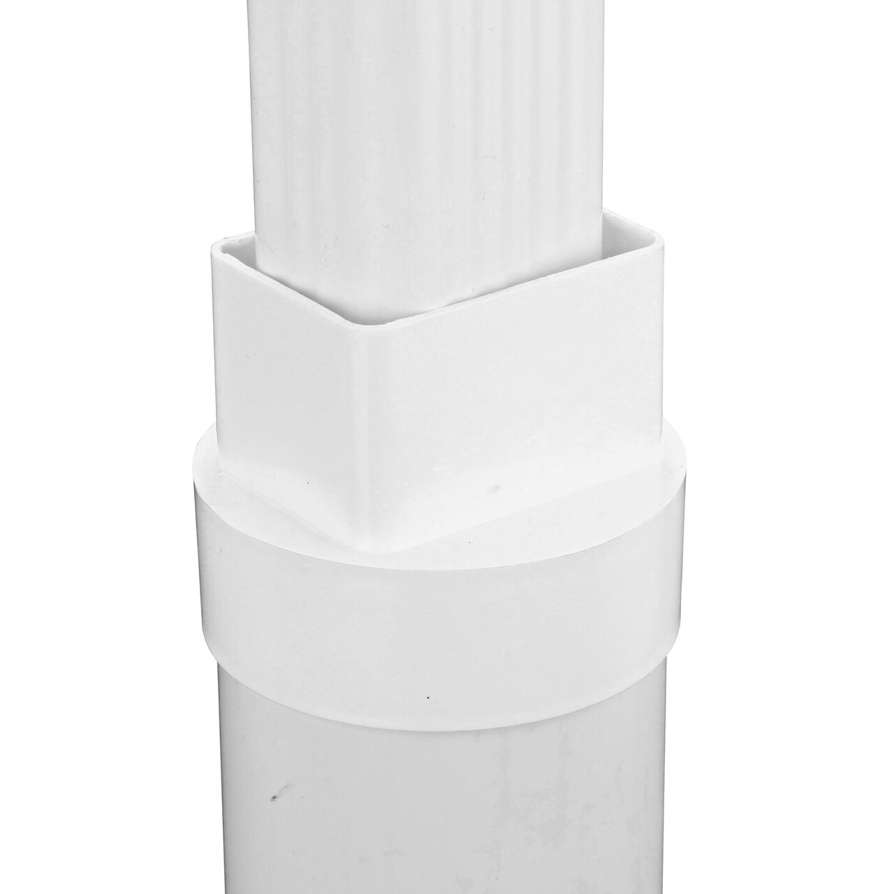 The NDS PVC downspout adapter (NDS 9P08*, NDS 9P08) fits a 2 X 3 in. downspout on top and a 4 in. DWV/Sch. 40 pipe installed on bottom