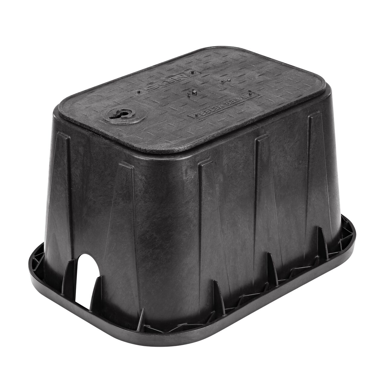 Top down view of the top side of the Black Water Meter cover for the NDS 14 in. X 19 in. Rectangular Standard Series Meter Box (NDS D1200-OLLOCB) showing the Black Water Meter markings