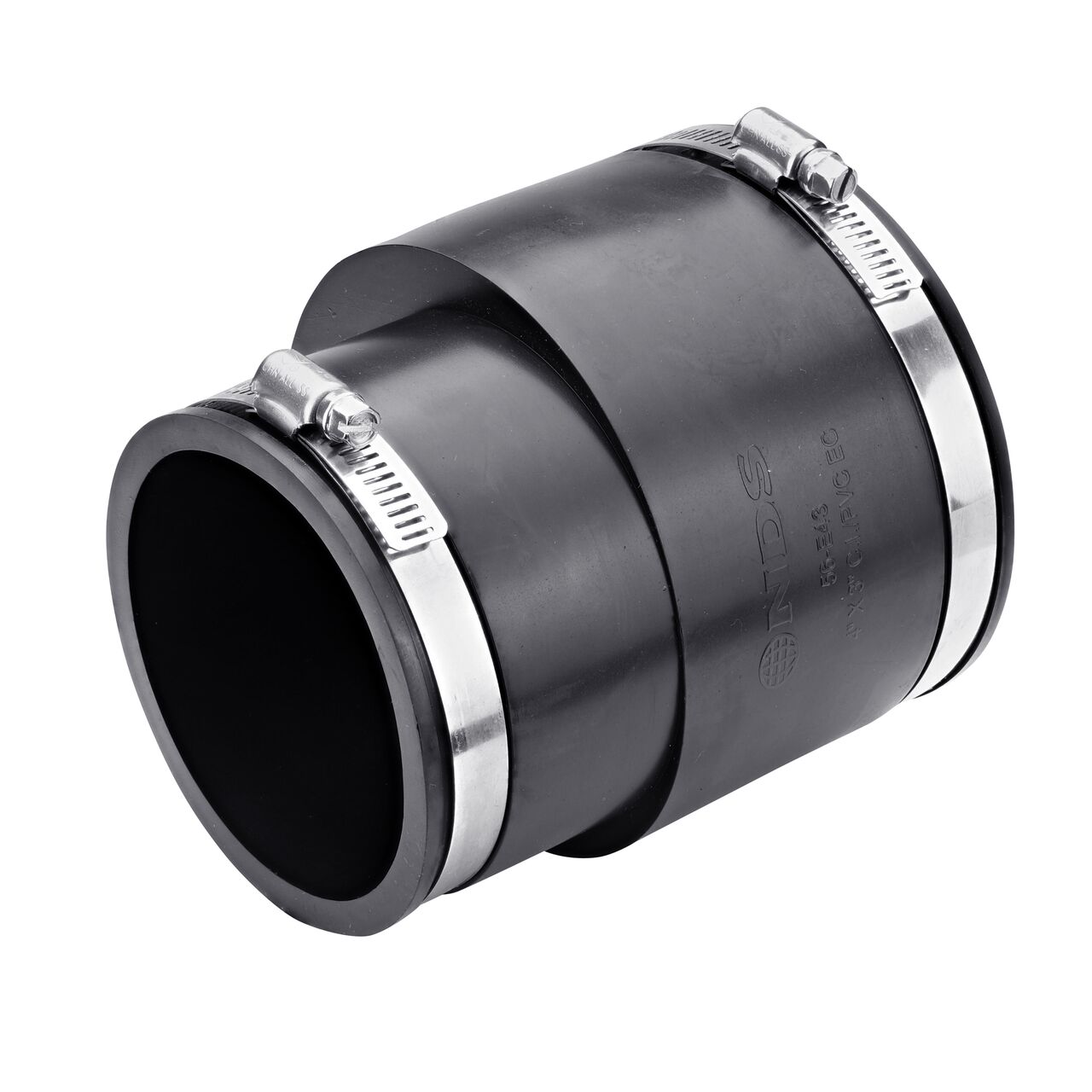 The NDS 4 in. X 3 in. flex eccentric coupling connects two slightly offset cast iron/sewer and drain or DWV/copper/steel/lead pipes (NDS 56-E43)
