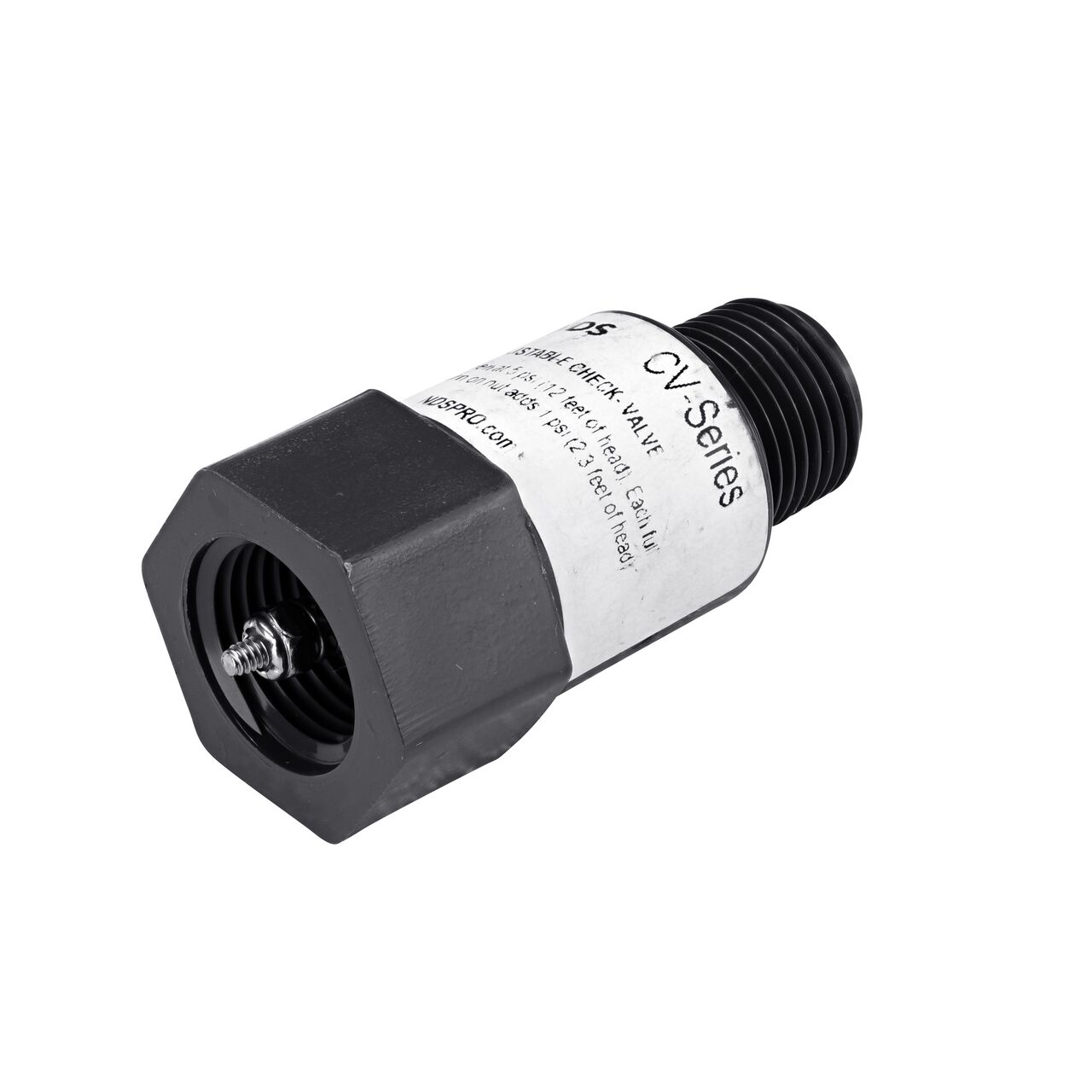 The female end of the NDS Gray 1/2 in. IPS FPT X FPT PVC Adjustable Inline Spring Check Valve (NDS CV-0500-FM) has a nut on end to adjust 5 lb spring tension