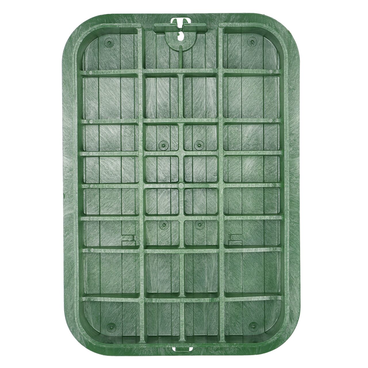Top down view of the underside side of the green irrigation control valve cover for the NDS 13 in. x 20 in. Rectangular Pro-Spec® Series Jumbo Valve Box and Cover (NDS 317BCB) showing reinforcing ribs that are load rated to withstand pedestrian traffic and the rigors of lawn care equipment
