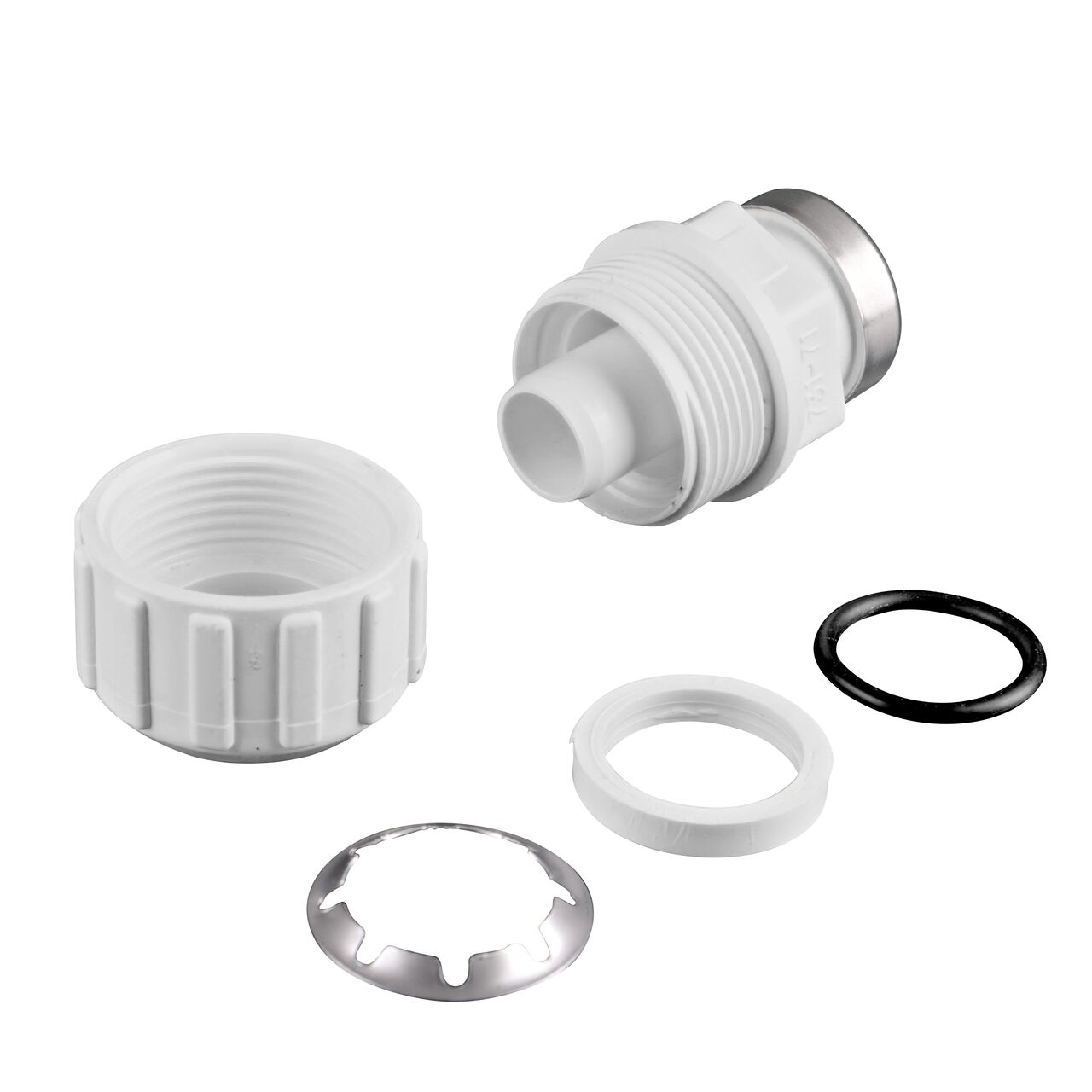 The NDS 3/4 in. SDR-9 CTS X 1 in. FPT Flo-Lock™ Gripper Adapter fully unassembled showing the steel gripper, EPDM O-Ring and stiffner (NDS 731-71)