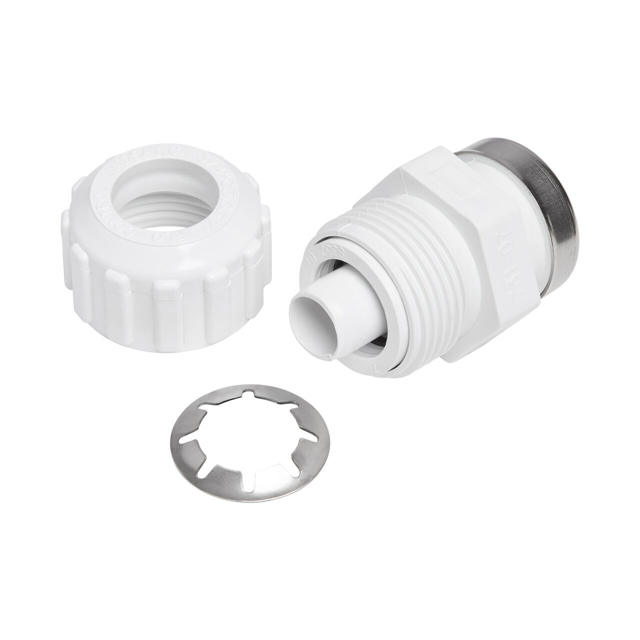 The NDS 3/4 in. SDR-9 CTS X 3/4 in. FPT Flo-Lock™ Gripper Adapter fully unassembled showing the steel gripper, EPDM O-Ring, and stiffner (NDS 731-07)