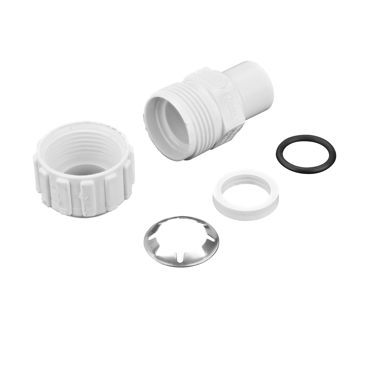 The NDS 3/4 in. CTS FPT X IPS Spigot Flo-Lock™ Gripper Adapter (NDS 935-07) fully unassembled showing the steel gripper, EPDM O-Ring and stiffner