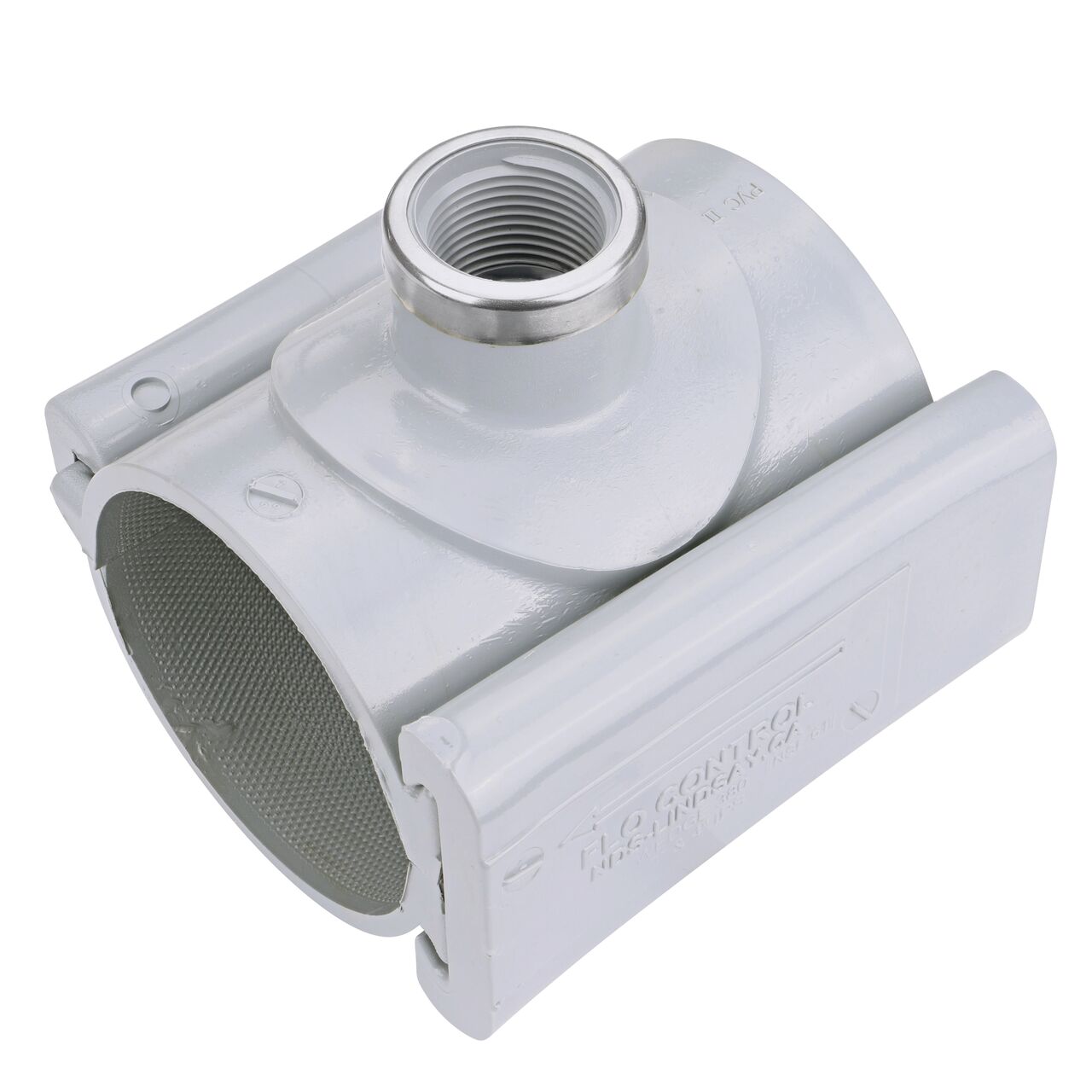 The 1 in. FPT outlet at the top of the NDS Clamp-It™ Rigid PVC Saddle (NDS 443010) for 3 in. PVC pipe adds a riser or sprinkler to an existing pipeline for agricultural or mining applications