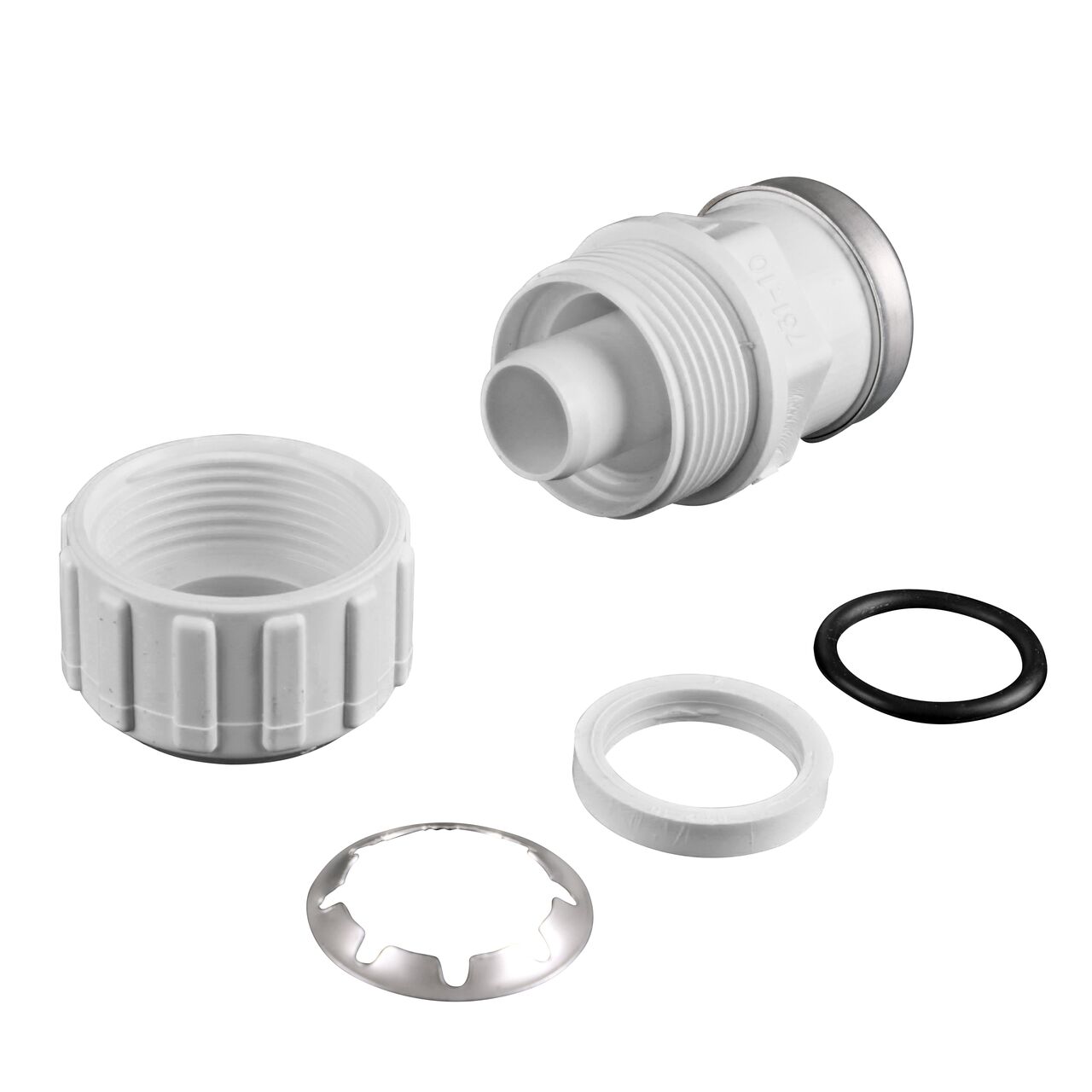 The NDS 1 in. SDR-9 CTS X 1 in. FPT Flo-Lock™ Gripper Adapter fully unassembled showing the steel gripper, EPDM O-Ring, and stiffner (NDS 731-10)