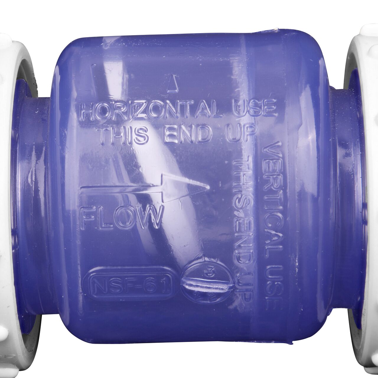 Closeup of the arrow showing water flow direction on the NDS White 3/4 in. IPS leak resistant PVC True Union Swing Check Valve (NDS  1720C07)