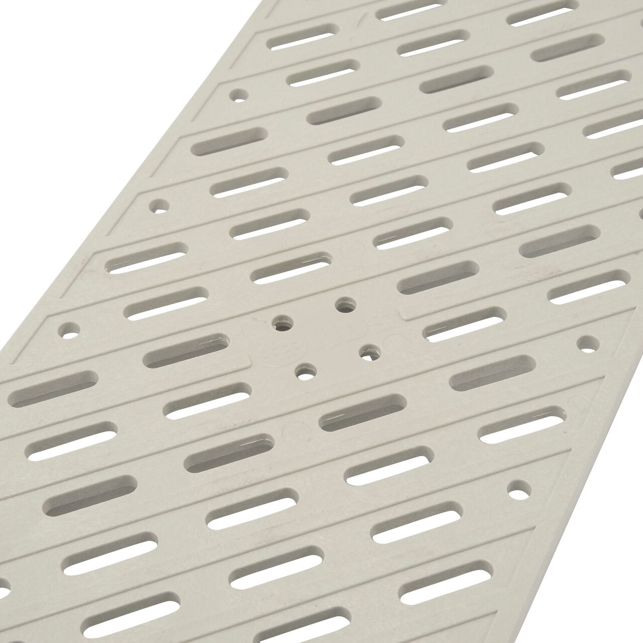 Angled close-up of grate openings on 8 in. Pro Series Channel Drain Grate in Gray Plastic (SKU 836)