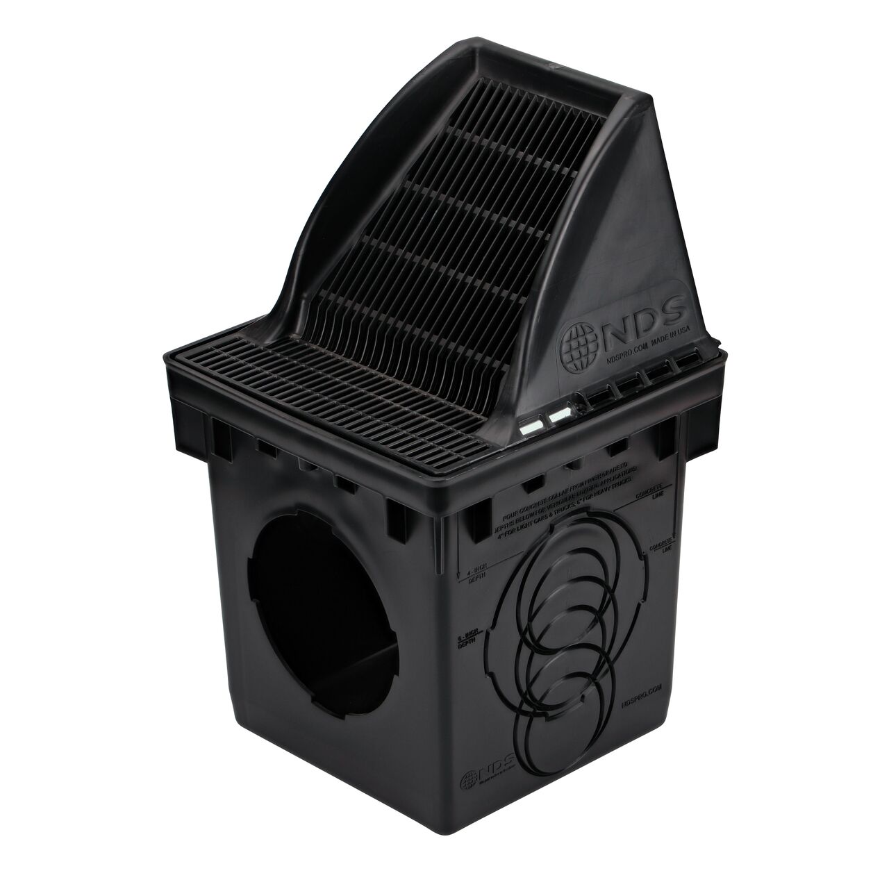 12 in. Square Catch Basin Downspout Grate (NDS 1200DSG) installed on a NDS 12 in. Catch Basin Drain (NDS 1200); Downspout grate collects running water from rain gutter downspouts