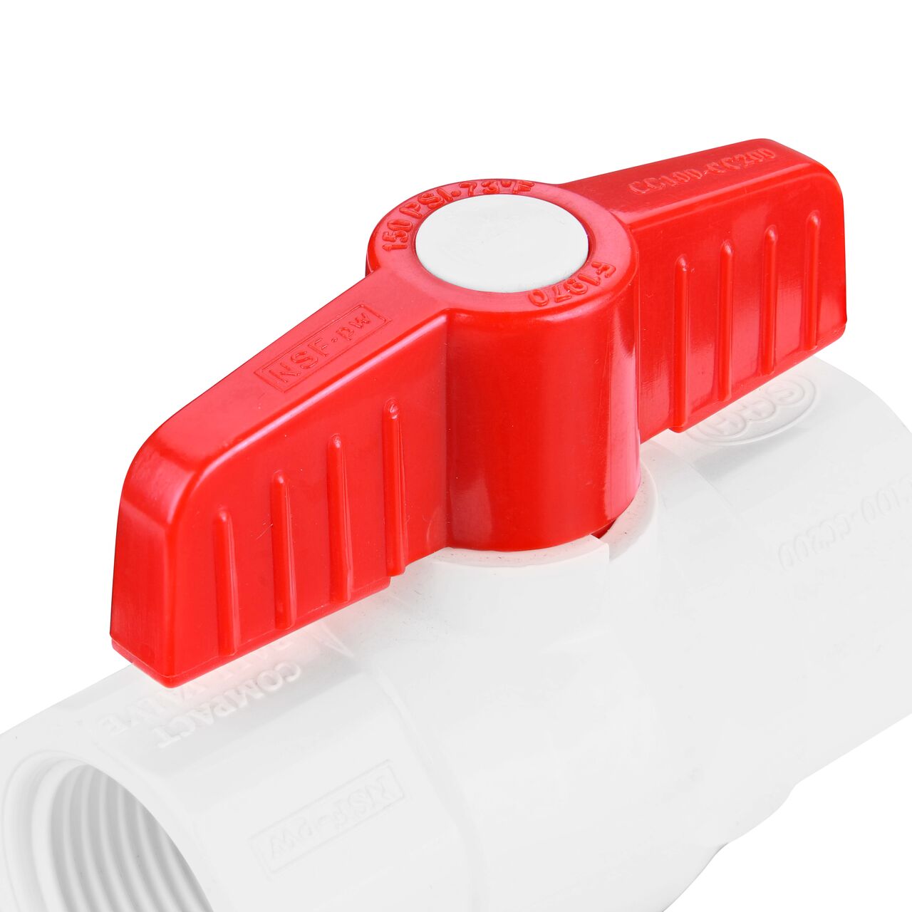 Closeup of the NDS IPS Ball Valve showing the handle that rotates two ways to control water flow (NDS E1420-10)
