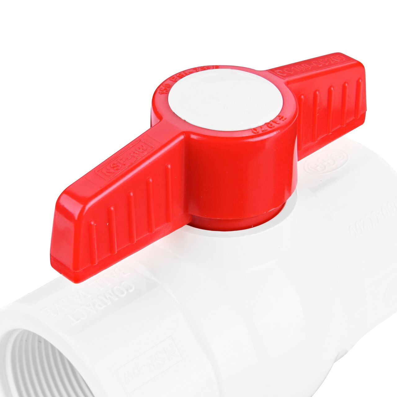 Closeup of the NDS IPS Ball Valve showing the handle that rotates two ways to control water flow (NDS E1420-15)