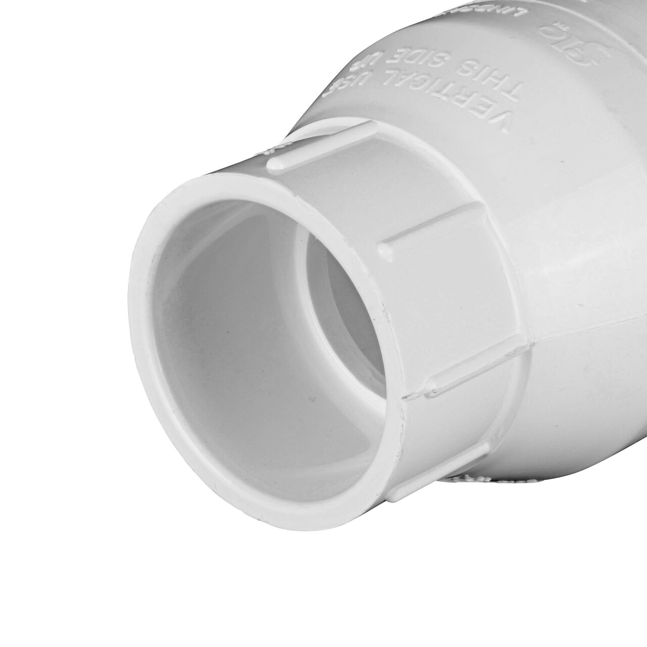 Closeup of outlet end on the NDS White 1-1/2 in. slip end by slip end PVC Swing Check Valve (NDS 1520-15)