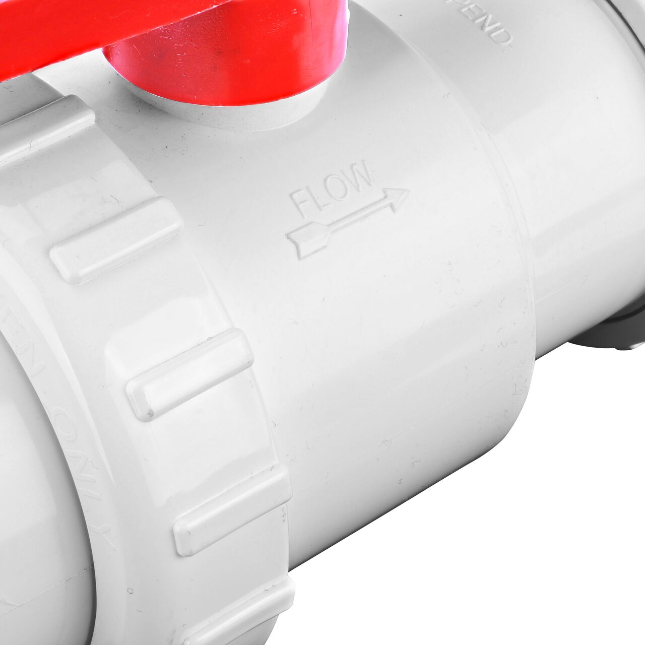 Closeup of the outside arrow showing water flow direction on the NDS White 2 in, IPS UC X UC Checkmate PVC Swing Check and Ball Valve Combination (NDS 2200-20UC)