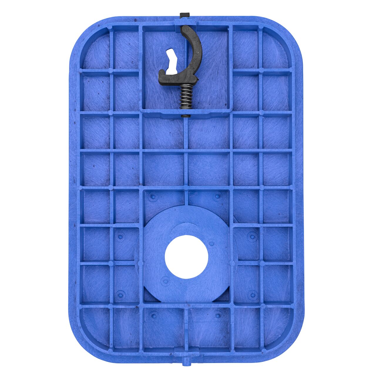 Top down view of the underside side of the Black Water Meter cover (NDS D12AMR-OLLOCTRBLUL) for the NDS 14 in. X 19 in. Rectangular AMR Meter box, showing reinforcing ribs that are load rated to withstand pedestrian traffic and and the hinged reader door for easy access