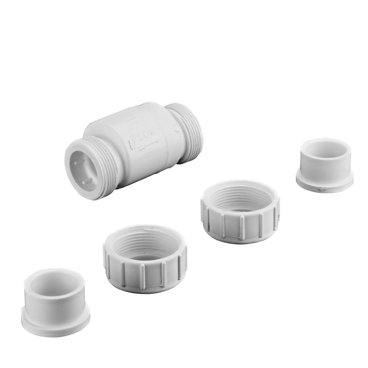 Unassembled view of the NDS White 1 in. IPS PVC True Union Swing Check Valves where ends unscrew to remove for maintenance (NDS  1720-10)