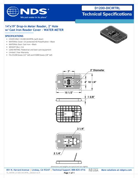 NDS 14 in. X 19 in. Rectangular D1200 Meter Box Drop-in Cover, Cast Iron Water Meter with Touch Reader Tech Spec