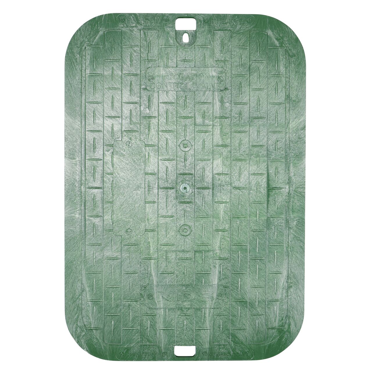 Top down view of the top side of the Green Irrigation Control Valve overlapping cover (NDS 317C) for the NDS 13 in. X 20 in. Rectangular Pro-Spec® Series