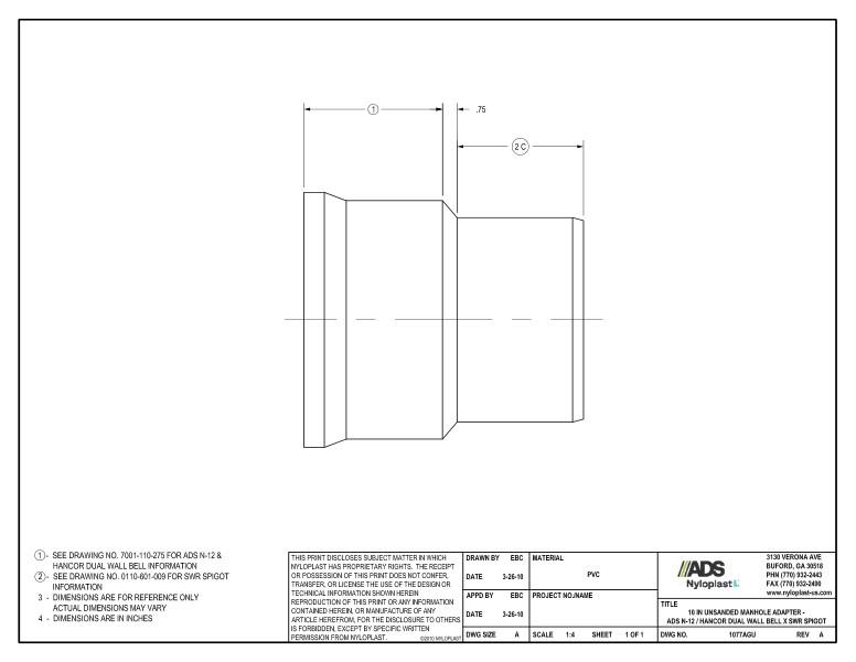 10" Unsanded Manhole Adapter - N-12 Wall Bell x SWR Spigot Nyloplast Detail