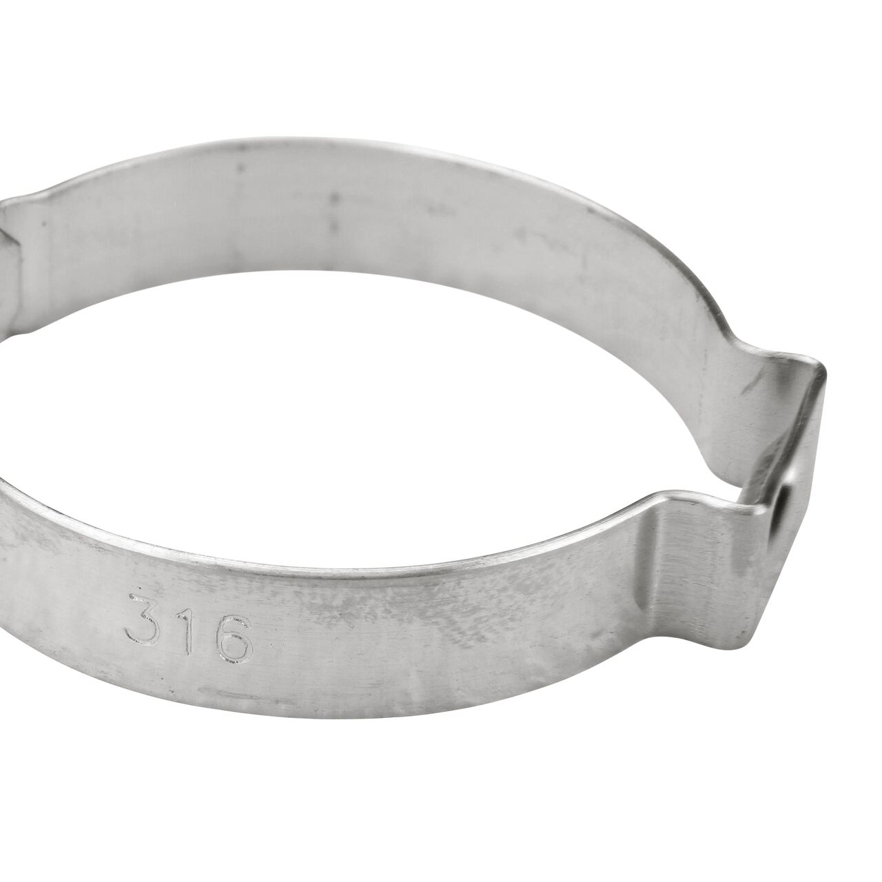 Closeup side view of the NDS 316R Stainless Steel Pinch Clamp (NDS NC-155000-019) that works with most soft hose and rigid plastic pipe to transport water and prevent leaks in pressurized systems