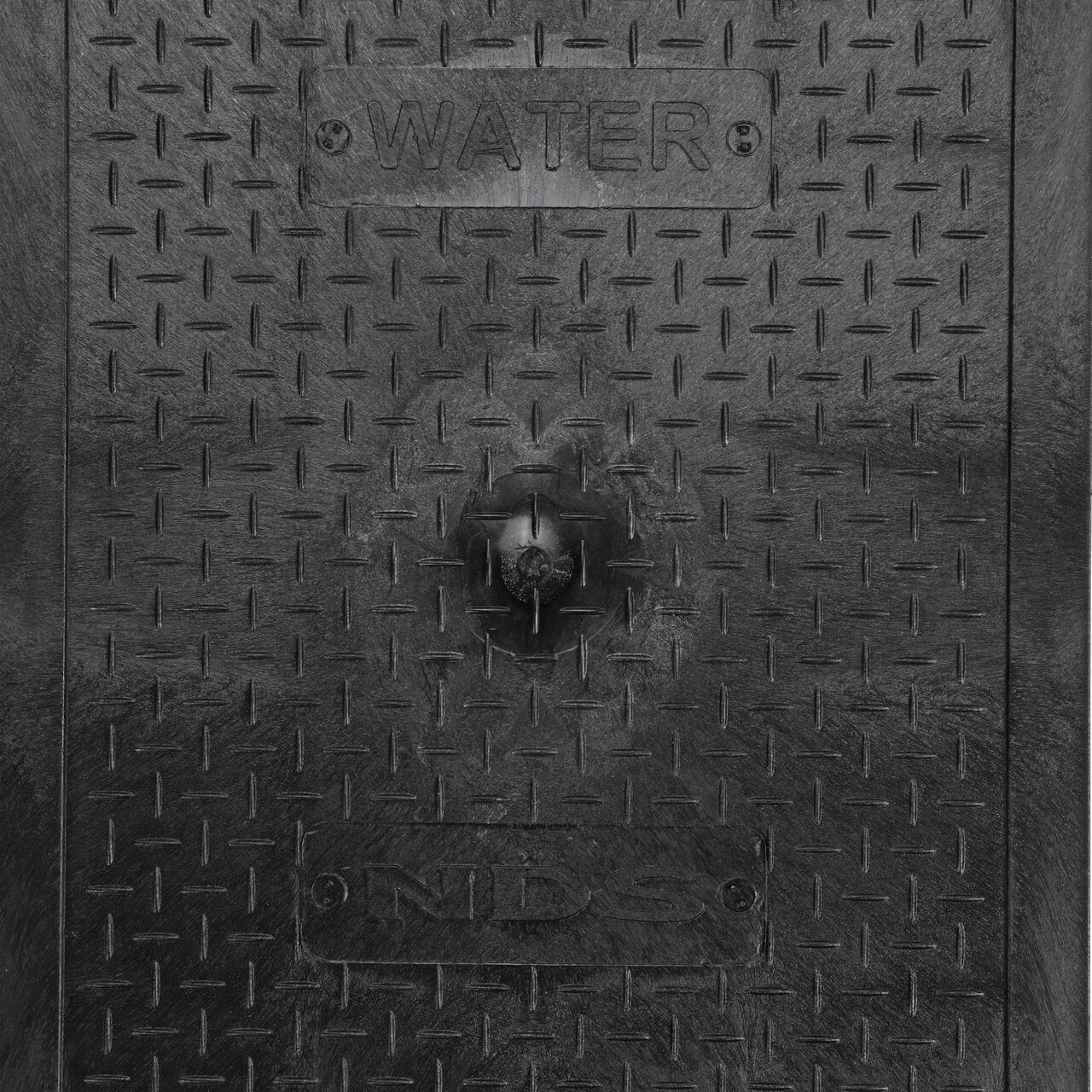 Closeup view of the Water markings on the Black Water cover (NDS 113CW) for the NDS 14 X 19 in. Rectangular Standard Series Valve Box
