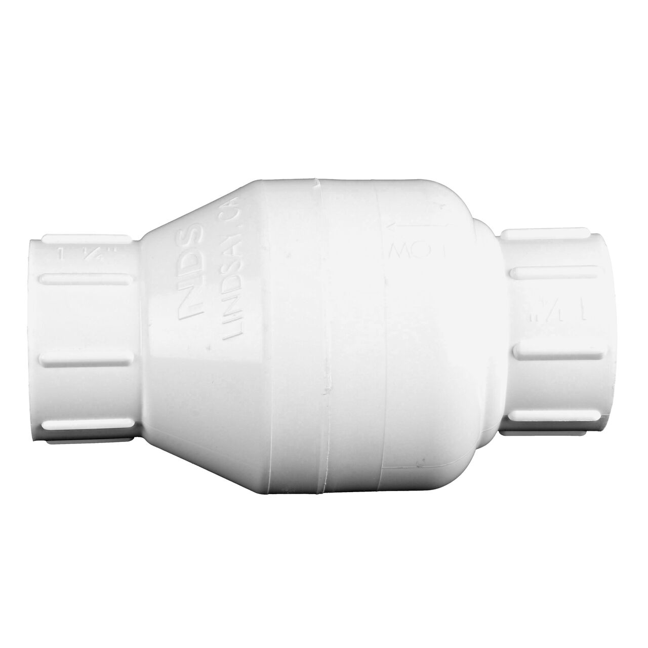 Side to side view of the NDS 1-1/4 in. White PVC Spring Check Valve (NDS 1001-12, NDS 1002-12)