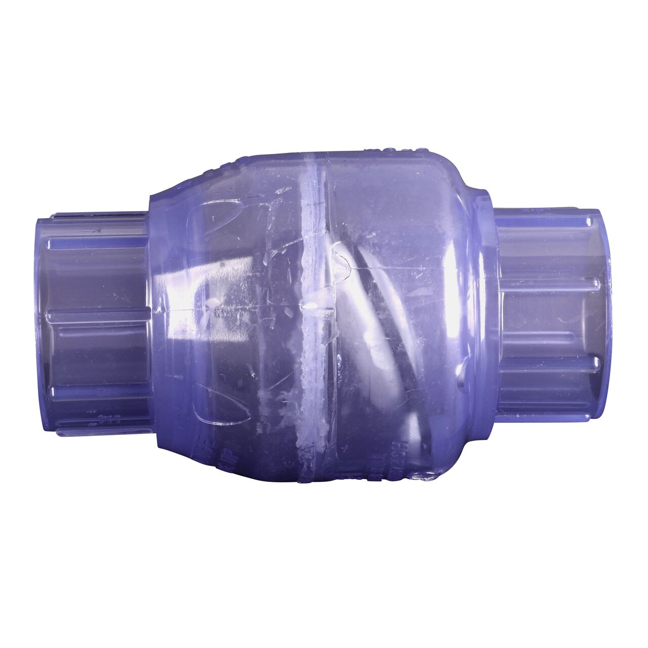 Side to side view of the NDS Clear 1-1/4 in. slip end by slip end PVC Swing Check Valve (NDS 1520C12) which prevents backflow in pipelines