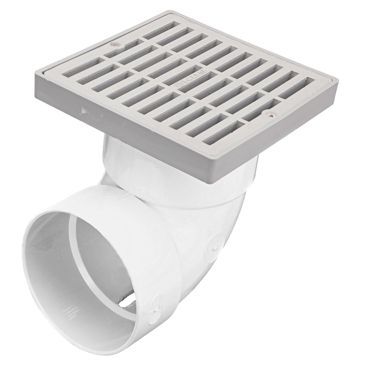 NDS gray plastic 6 in. Square Grate Fits 3 & 4 in. Draing Pipes and Fittings installed on 4 in. S&D Elbow (NDS 642)