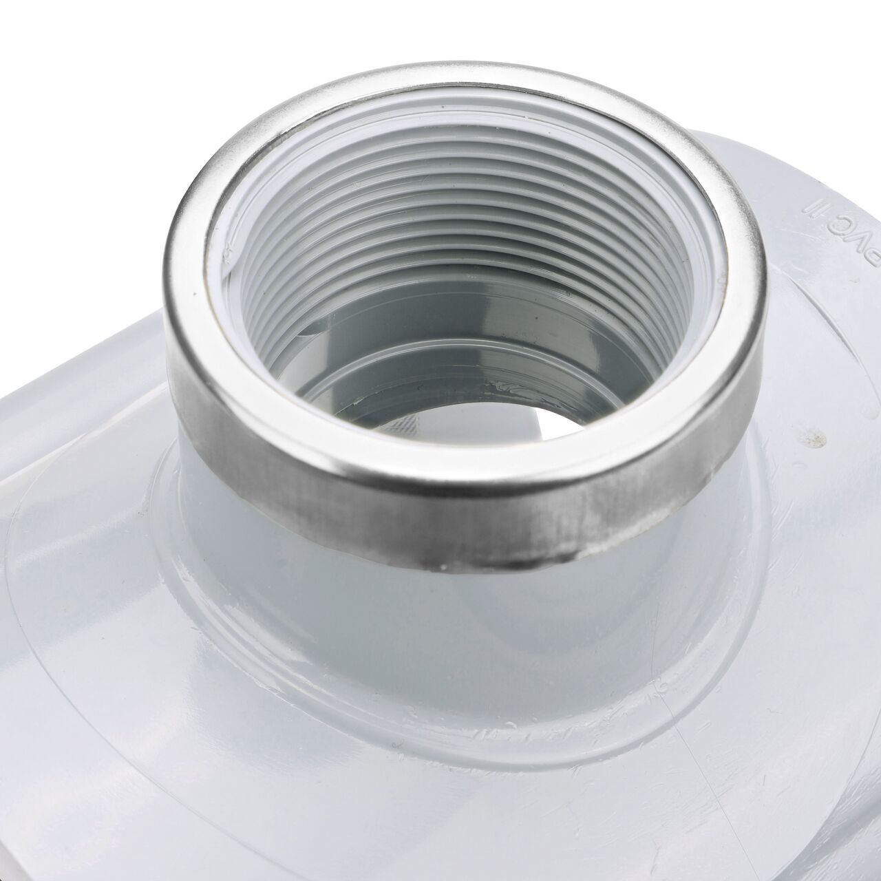 Closeup of the 1-1/2 in. FPT connection on the NDS Clamp-It™ Rigid PVC Saddle (NDS 444015) for 4 in. PVC pipe