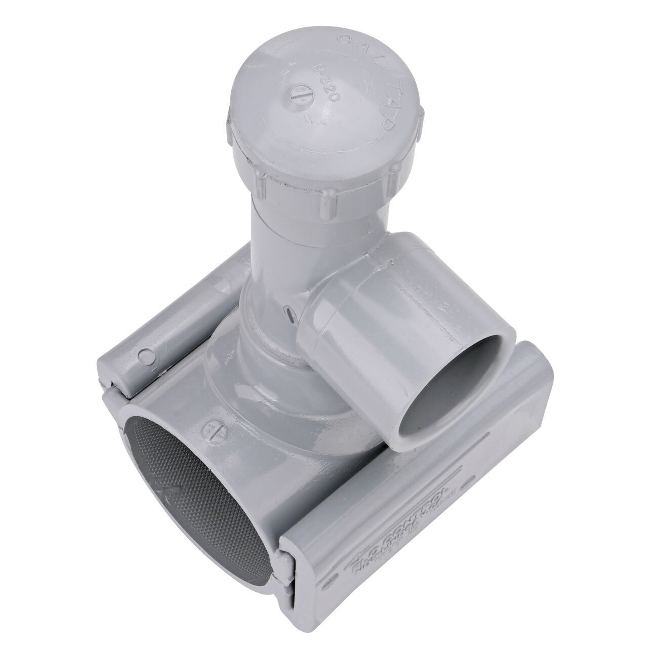 Alternate angle of the 3 in. NDS Flo-Tap™ Rigid PVC saddle with 1-1/2 in. socket or 2 in. spigot connection on top (NDS 3230) which is made of corrosion-proof material and no bolts, washers, or nuts needed to install which means no rust