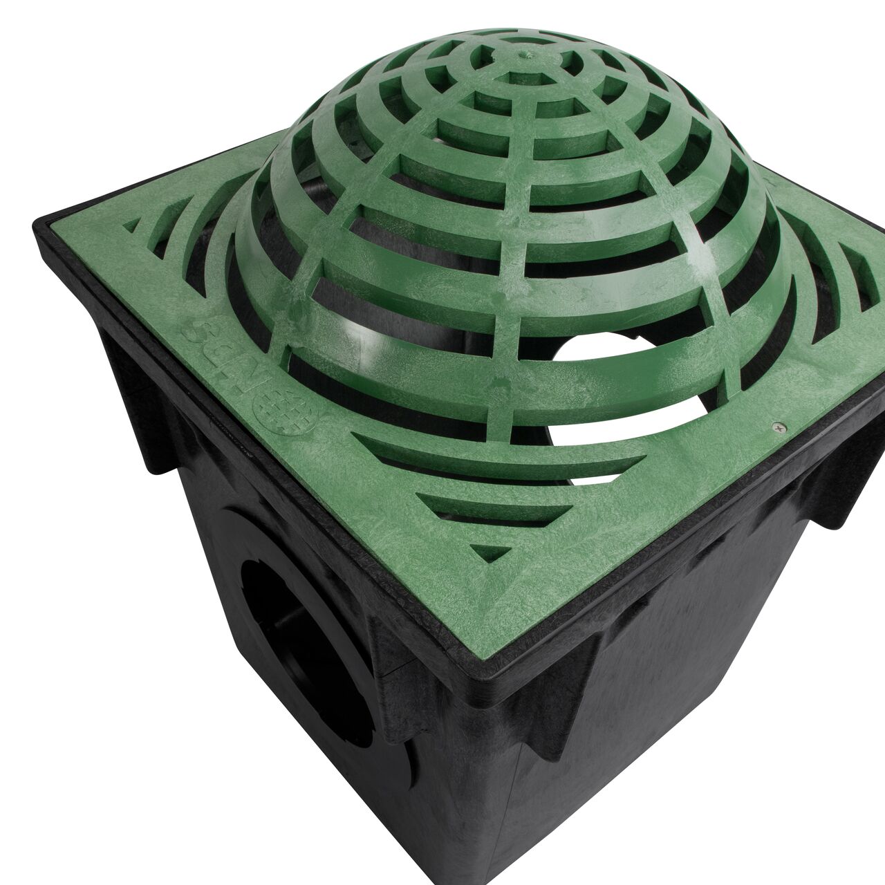 Closeup view of how the green 18 in. Square Atrium Catch Basin Drain Grate (NDS 1891) fits on a NDS 18 in. Square Catch Basin (NDS 1882)