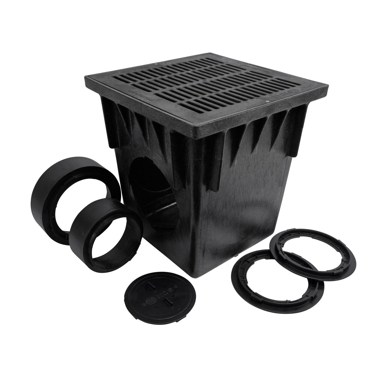 Unassembled Black plastic 18 in. Catch Basin Drain Kit (NDS 1882BLKIT) with a black grate (NDS 1811), adapters (NDS 1266, NDS 1888) that connects to 6 in. and 8 in. drainage pipes, and plug (NDS 1206)