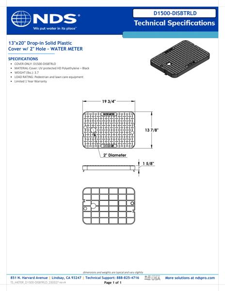 NDS 13 in. X 20 in. Rectangular Meter Box Drop-in AMR Cover, Black Water Meter with 2 in. Touch Reader Hole Tech Spec