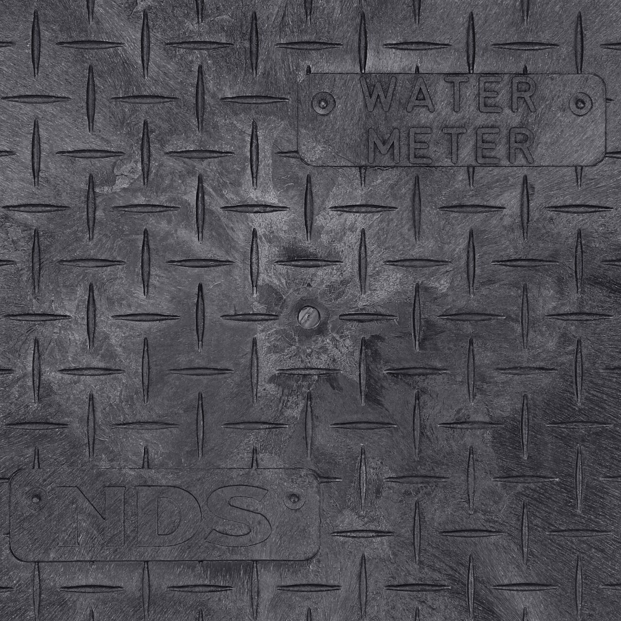 Closeup view of the water meter markings on the NDS 13 in. X 20 in. Rectangular Locking Drop-In Double AMR Bottom Mount Meter Cover (NDS D15-BAMRL)