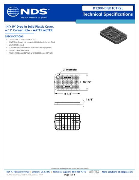 NDS 14 in. X 19 in. Rectangular D1200 Meter Box Drop-in Cover, Black Water Meter with Corner Hole Tech Spec