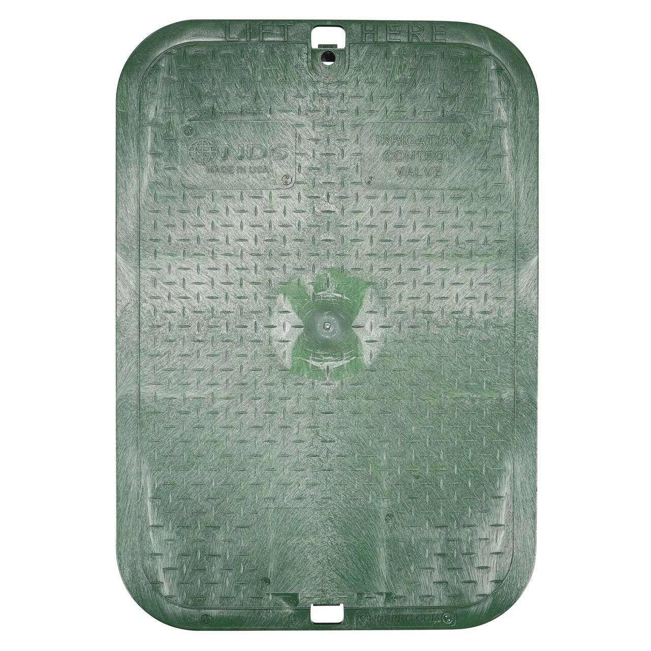 Top down view of the top side of the Green Irrigation Control Valve overlapping cover (NDS 117C) for the NDS 13 X 20 in. Rectangular Standard Series