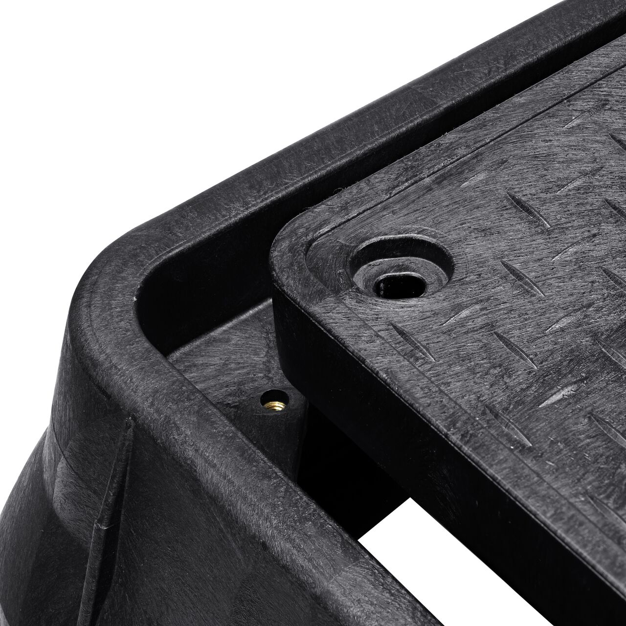Align the bolt hole on the lid with the bolt hole from the NDS 13 in. X 24 in. Rectangular Pro Series Meter Black Box and Black Water Meter Cover (NDS 121BCDWB) for a secure fit