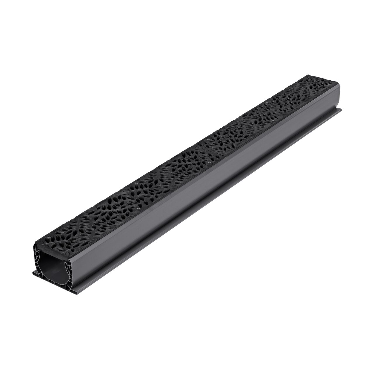 NDS Spee-D® Channel Drain Grate, Decorative Botanical Design in Black Plastic (NDS 252) installed on a Spee-D Channel Drain (NDS 400)