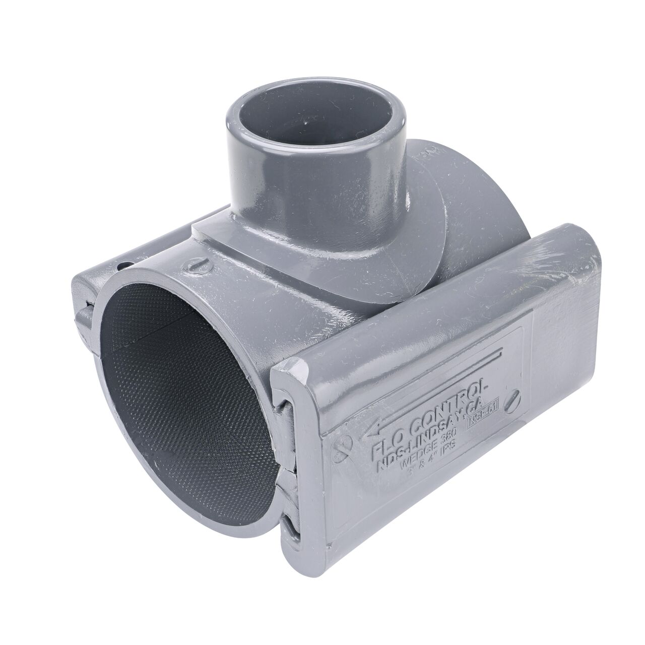 The NDS Clamp-It™ Rigid PVC Saddle with 1-1/2 in. slip connection on top (NDS 453015) for 3 in. PVC pipe has a patented wedge design to install a sprinkler irrigation system to existing pipe without any bolts