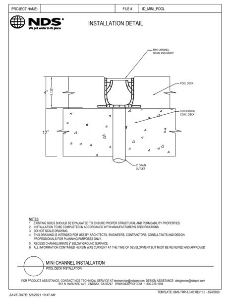 NDS Mini™ Channel Drains & Grates Pool Deck Installation Detail
