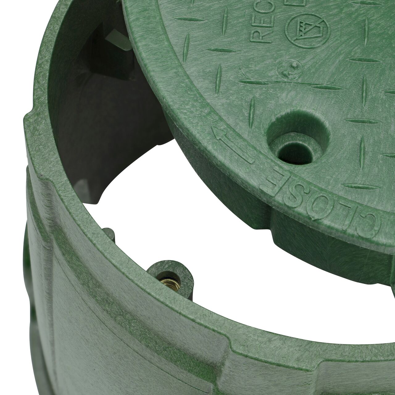 Align the bolt hole on the lid with the bolt hole from the NDS 10 in. Round Pro-Spec® Series Green Box and Green Reclaimed Water Cover (NDS 312BCRG) for a secure fit
