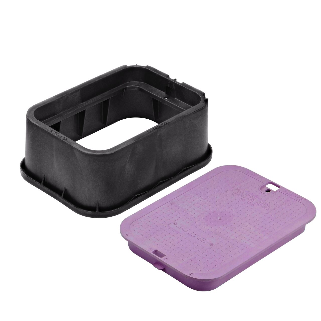 Unassembled View of the NDS 14 X 19 in. Black Rectangular Standard Series valve box Extension and Purple Reclaimed Water Overlapping cover (NDS 115BCR)