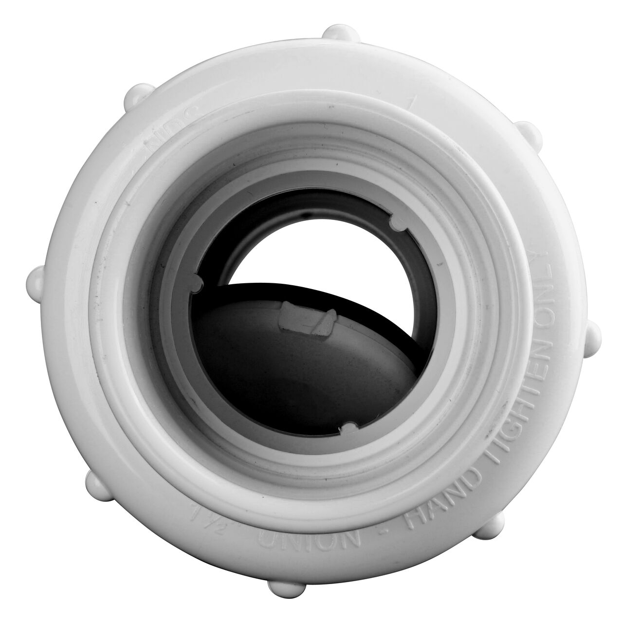 Water is conveyed one-way through the valve when the flap opens on the NDS White 1-1/2 in. PVC True Union Swing Check Valve (NDS 1720-15)