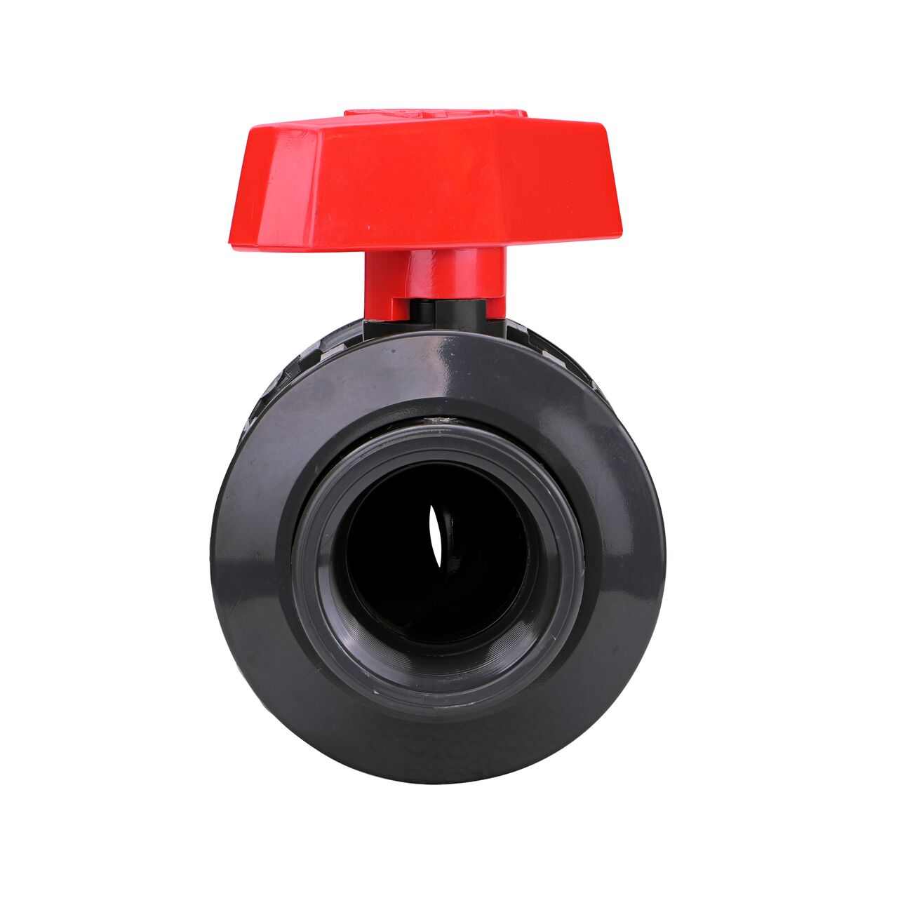 The The 1-1/2 in. PVC Slip & Threaded True Union Ball Valve (NDS BTU-1500-E) shown with the connection end attached with the handle in the half-way closed position to show how ball valve provides a shut off point in the system
