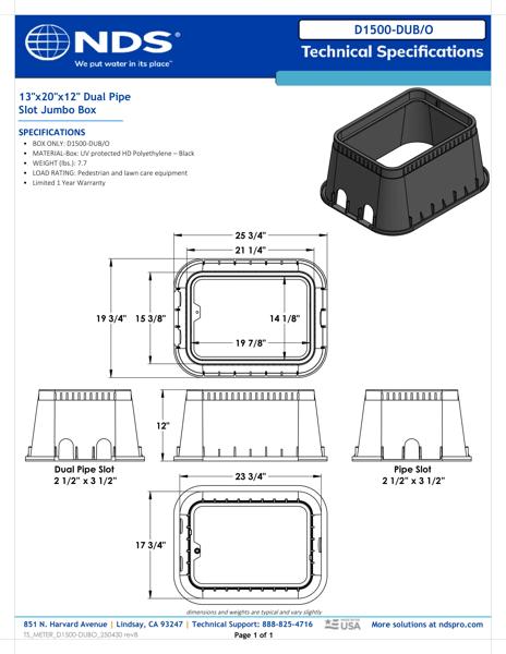 NDS 13 in. X 20 in. Rectangular D1500 Meter Box with Dual Pipe Slot, 12 in. Height, Black Tech Spec