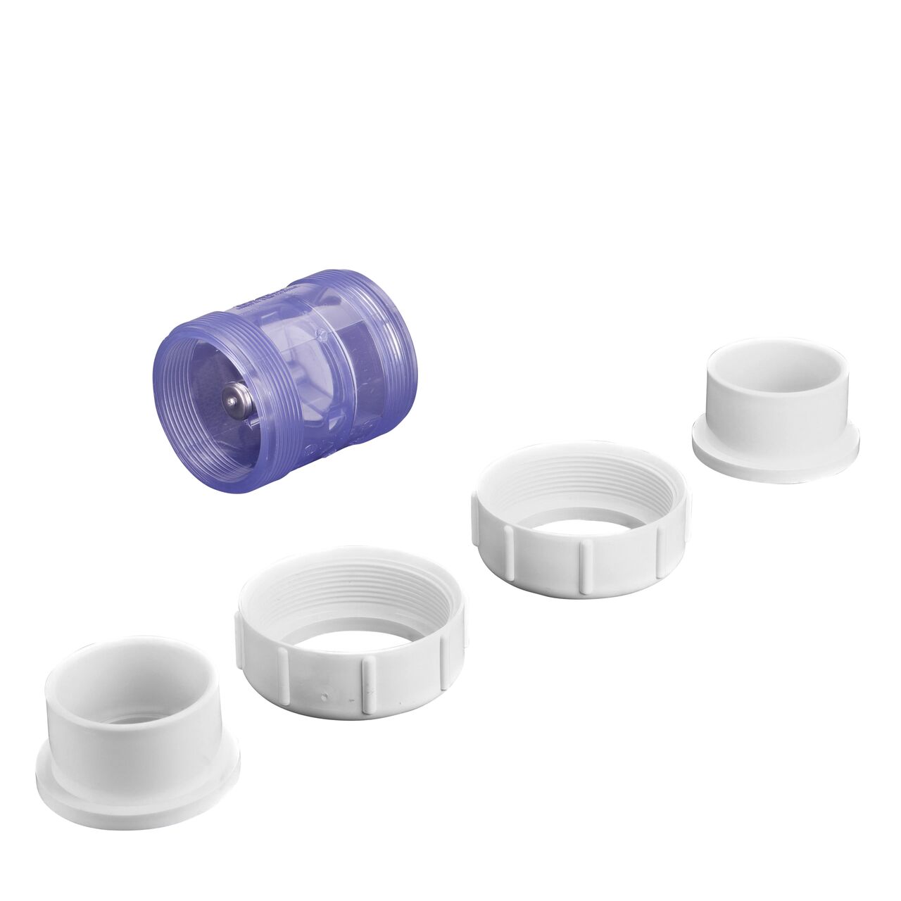 Unassembled view of the NDS Clear 2 in. IPS slip by slip PVC Compact True Union Spring Check Valve with 5 lb. spring (NDS 1795C20) where ends unscrew to remove for maintenance